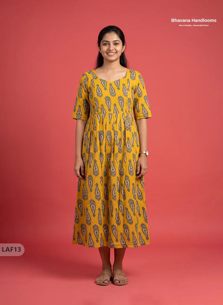 Feeding Frock with Kalamkari Design – Yellow Color | Invisible Zips | Half Lining Maternity Wear
