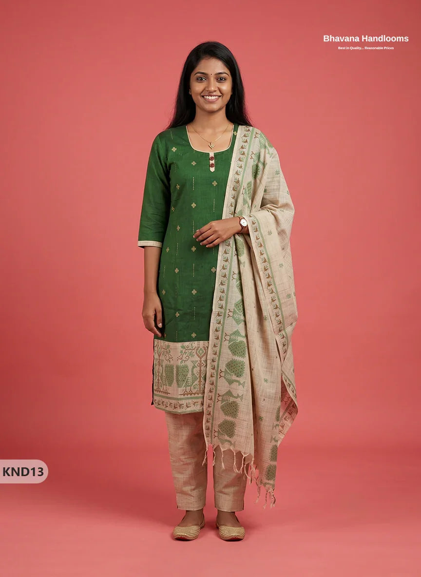 Designer Printed Cotton Floral 3PC Kurti Set in Bottle Green Colour | Full-Length Lining | Ready-to-Wear