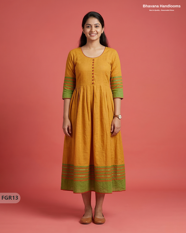 Summer Special Premium Cotton Handloom Frock with Woven Design | Yellow Colour