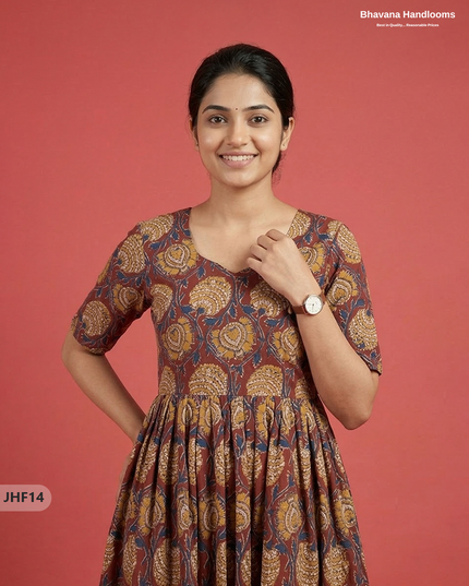 Kalamkari Design Frock – Red Colour | Handloom Ethnic Wear with Half Lining