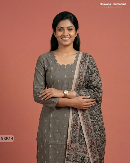 Raw Silk 3PC Kurti Set with Kalamkari Dupatta & Elastic Bottom in Gray Colour | Ethnic Wear