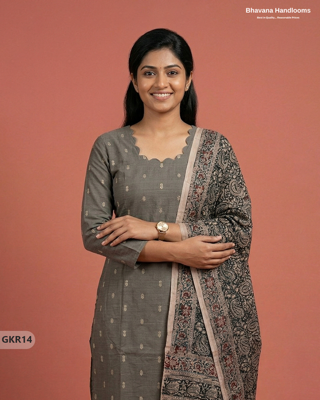 Raw Silk 3PC Kurti Set with Kalamkari Dupatta & Elastic Bottom in Gray Colour | Ethnic Wear