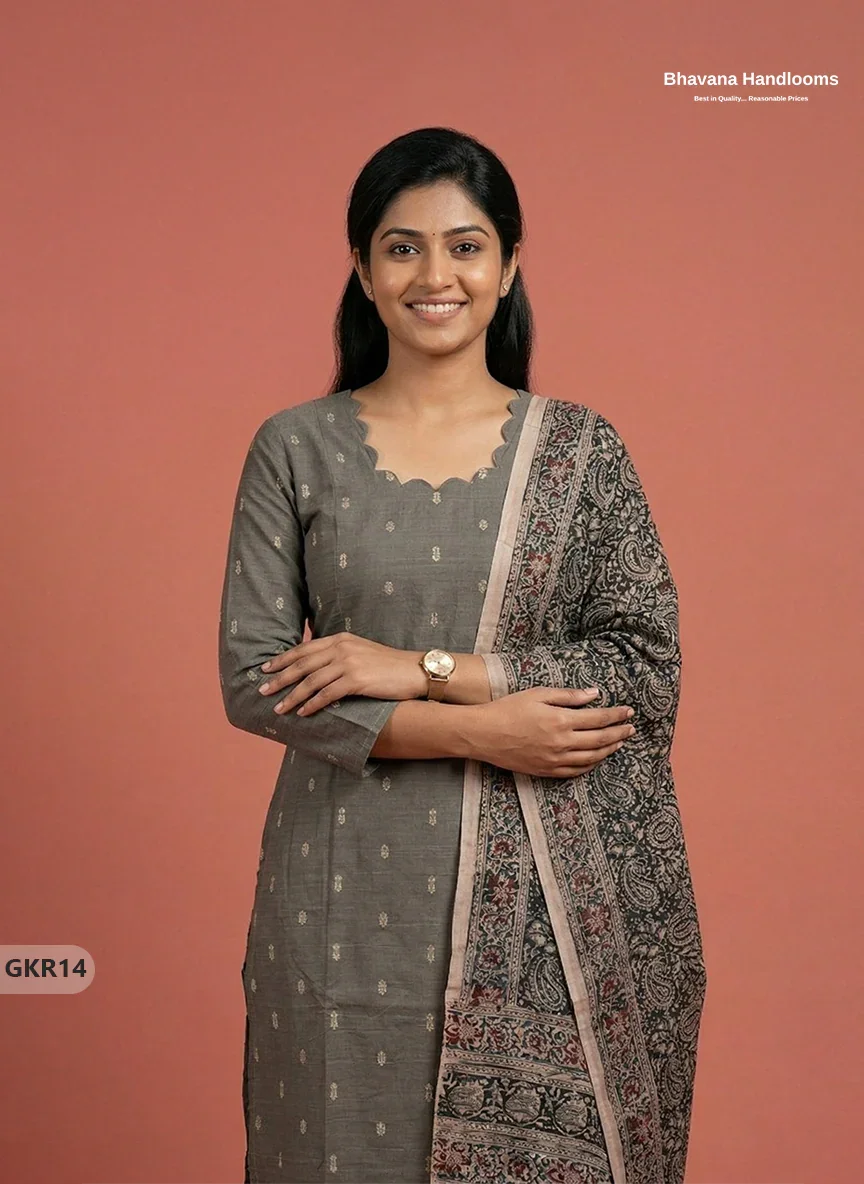 Raw Silk 3PC Kurti Set with Kalamkari Dupatta & Elastic Bottom in Gray Colour | Ethnic Wear