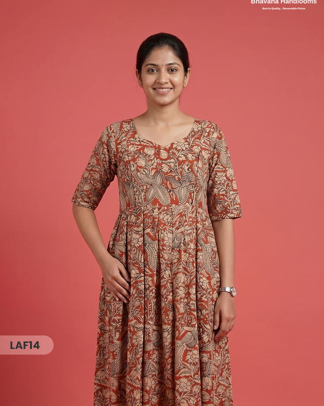 Feeding Frock with Kalamkari Design – Orange Color | Invisible Zips | Half Lining Maternity Wear