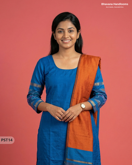 Pochampally Semi Pattu 3PC Kurti Set in Blue Colour | Ready-to-Wear Ethnic Wear