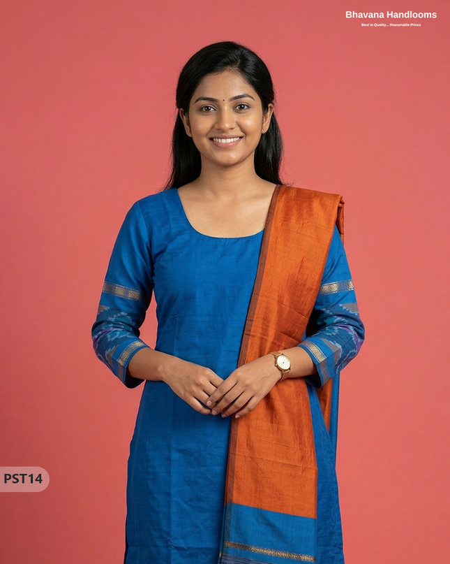 Pochampally Semi Pattu 3PC Kurti Set in Blue Colour | Ready-to-Wear Ethnic Wear