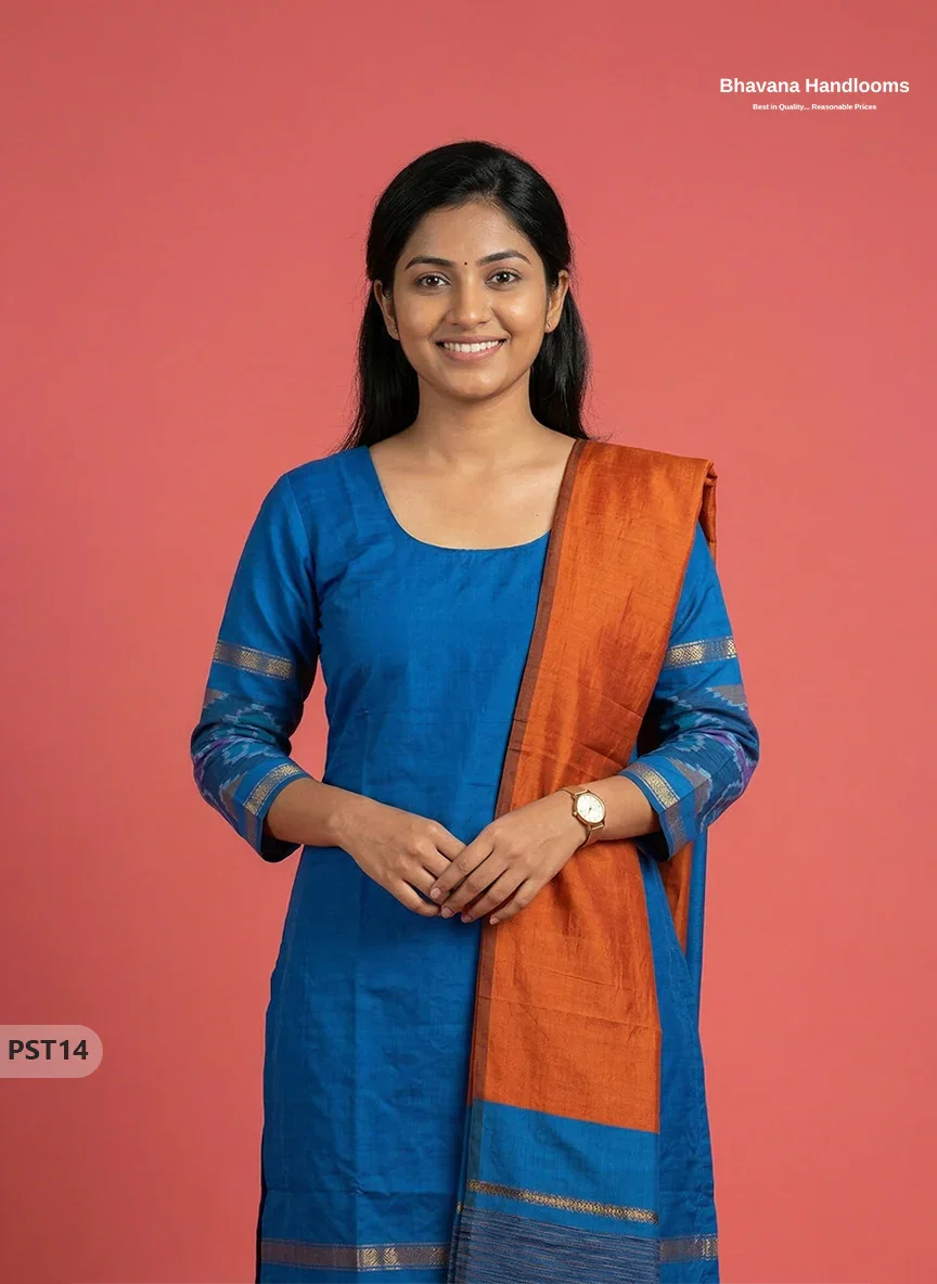 Pochampally Semi Pattu 3PC Kurti Set in Blue Colour | Ready-to-Wear Ethnic Wear