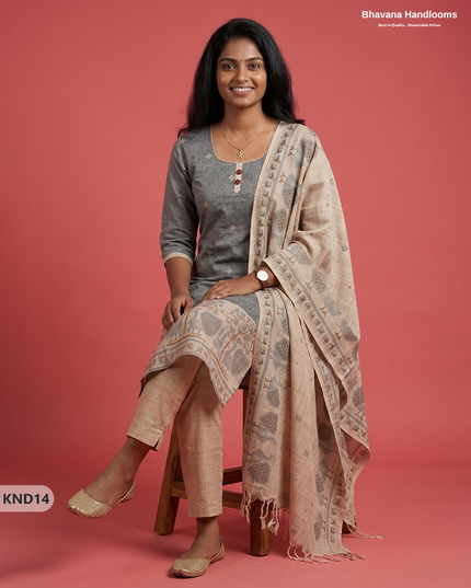Designer Printed Cotton Floral 3PC Kurti Set in Steel Grey Colour | Full-Length Lining | Ready-to-Wear