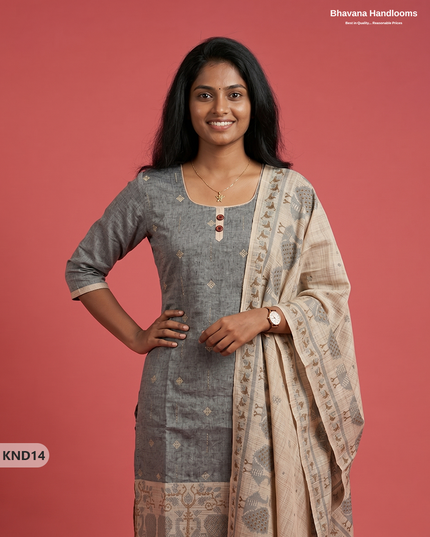 Designer Printed Cotton Floral 3PC Kurti Set in Steel Grey Colour | Full-Length Lining | Ready-to-Wear