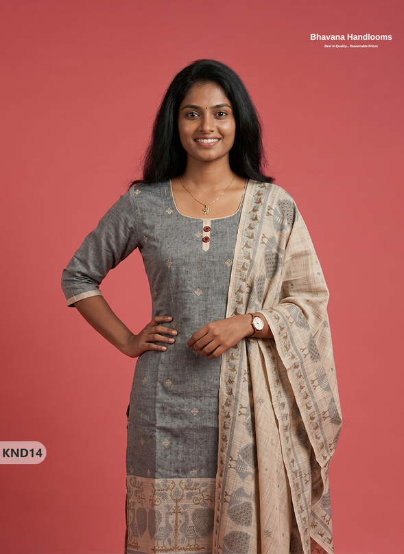 Designer Printed Cotton Floral 3PC Kurti Set in Steel Grey Colour | Full-Length Lining | Ready-to-Wear