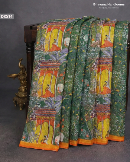 Pure 120 Count Cotton Kota Saree with Digital Print | Dark Green Printed Saree