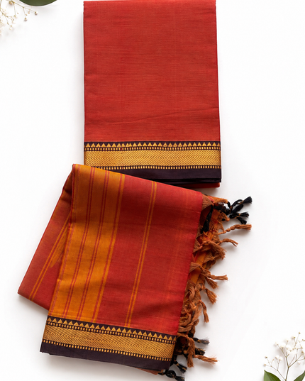 Traditional Wear Narayanpet Mercerised Cotton Dress Material with Rust Orange Colour | Woven Border