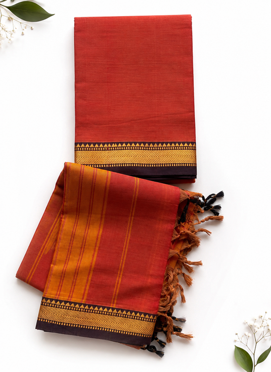 Traditional Wear Narayanpet Mercerised Cotton Dress Material with Rust Orange Colour | Woven Border