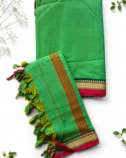 Traditional Wear Narayanpet Mercerised Cotton Dress Material with Emerald Green Colour | Woven Border