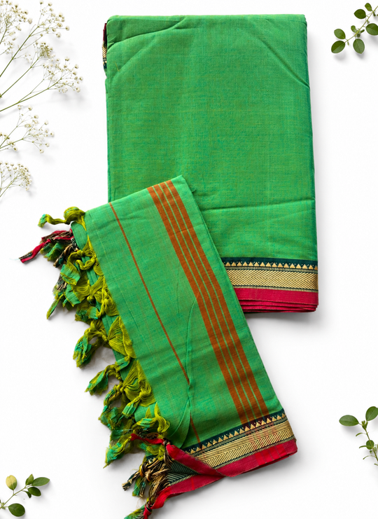 Traditional Wear Narayanpet Mercerised Cotton Dress Material with Emerald Green Colour | Woven Border