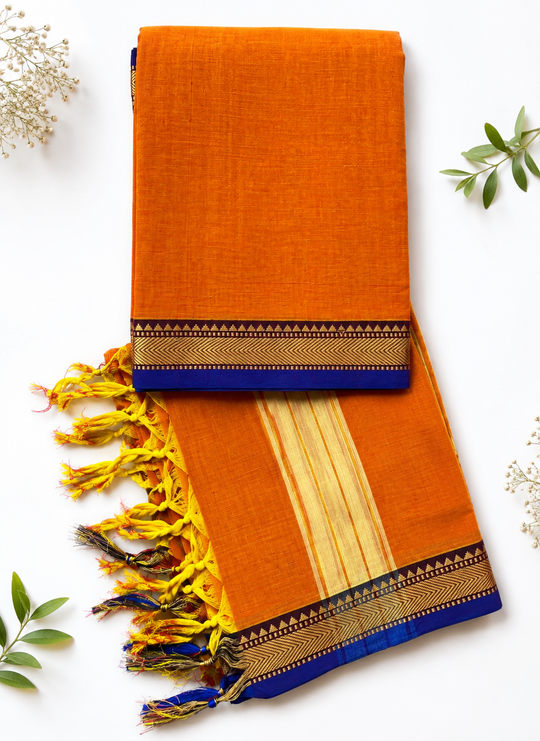 Traditional Wear Narayanpet Mercerised Cotton Dress Material with Orange Colour | Woven Border