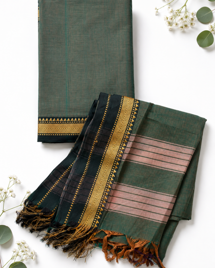 Traditional Wear Narayanpet Mercerised Cotton Dress Material with Bottle Green Colour | Woven Border