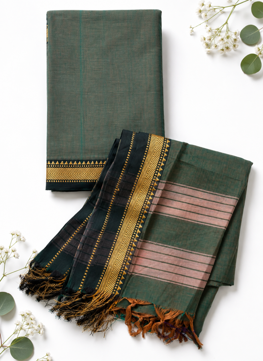 Traditional Wear Narayanpet Mercerised Cotton Dress Material with Bottle Green Colour | Woven Border