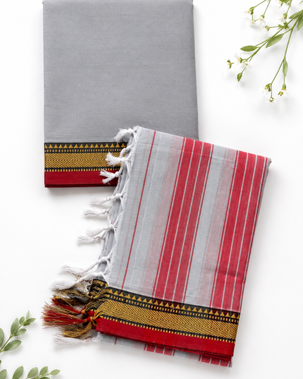 Traditional Wear Narayanpet Mercerised Cotton Dress Material with Light Grey Colour | Woven Border