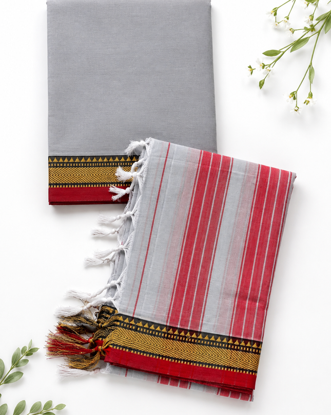 Traditional Wear Narayanpet Mercerised Cotton Dress Material with Light Grey Colour | Woven Border