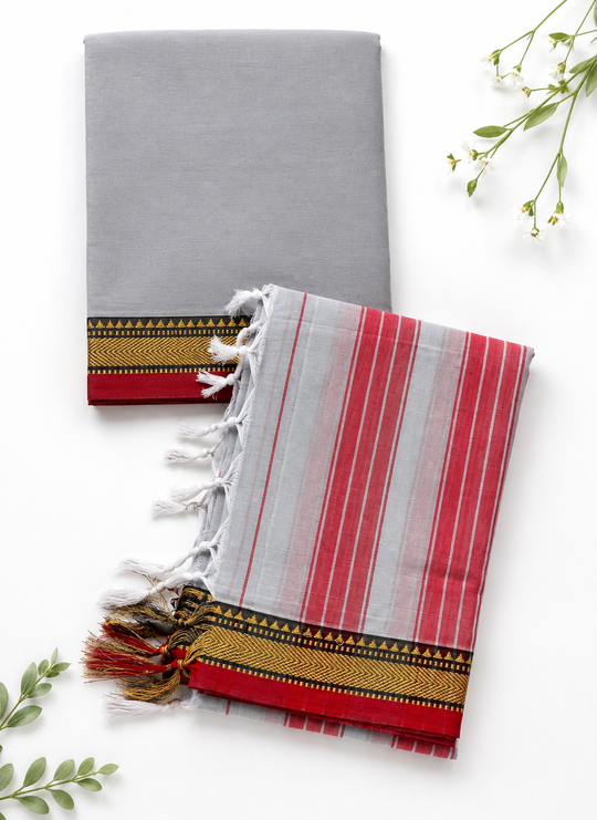 Traditional Wear Narayanpet Mercerised Cotton Dress Material with Light Grey Colour | Woven Border