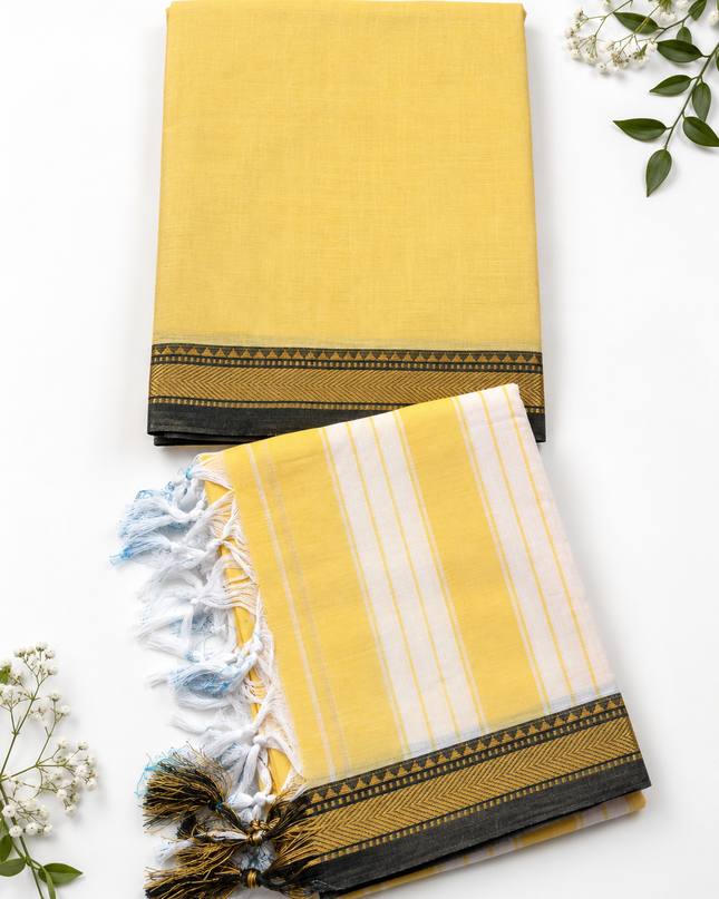 Traditional Wear Narayanpet Mercerised Cotton Dress Material with Mustard Yellow Colour | Woven Border