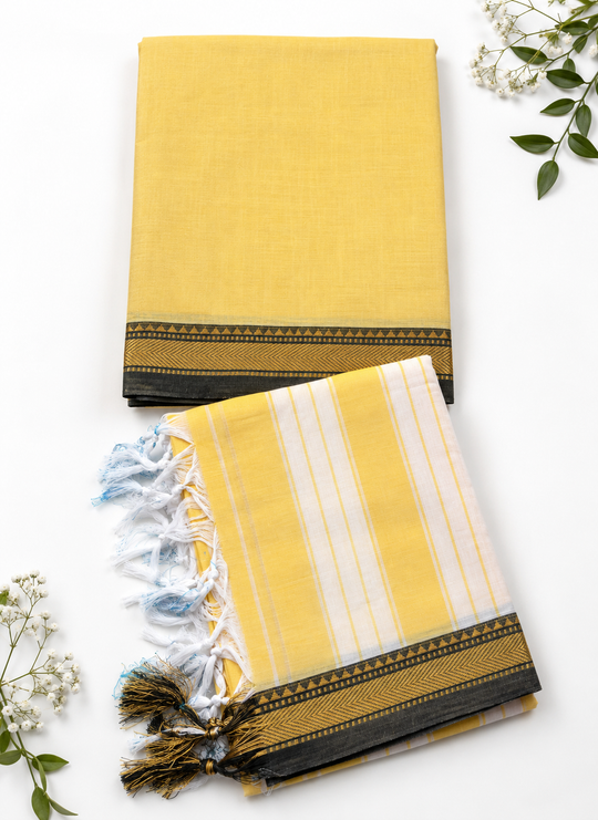 Traditional Wear Narayanpet Mercerised Cotton Dress Material with Mustard Yellow Colour | Woven Border