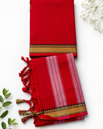 Traditional Wear Narayanpet Mercerised Cotton Dress Material with Red Colour | Woven Border