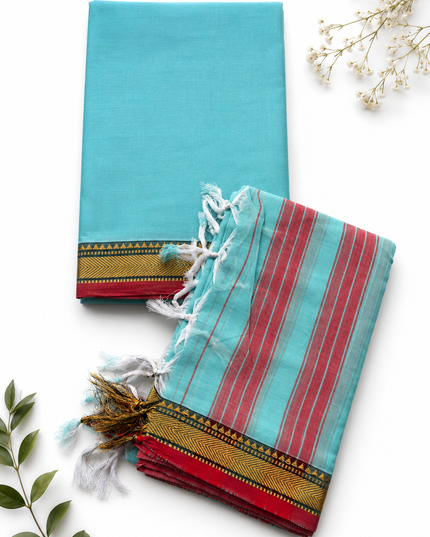 Traditional Wear Narayanpet Mercerised Cotton Dress Material with Aqua Blue Colour | Woven Border