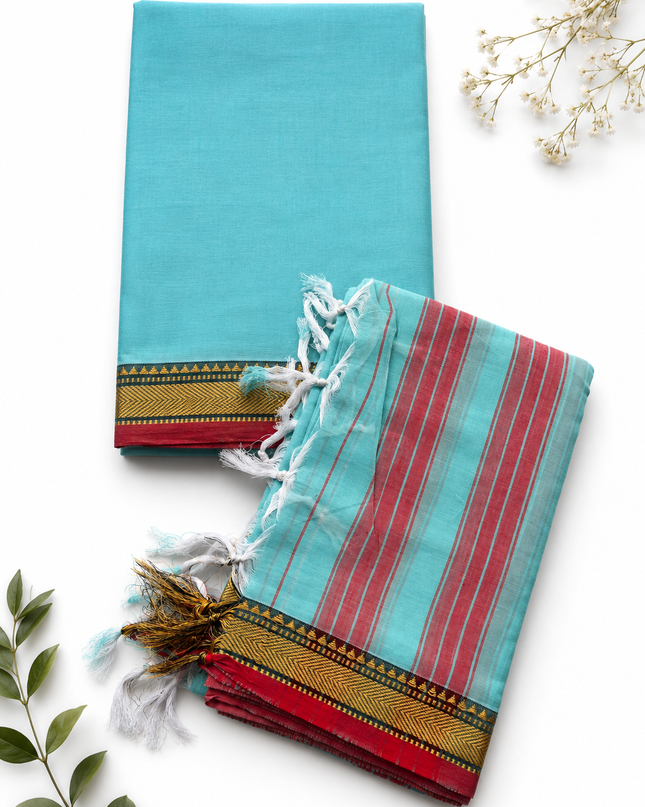 Traditional Wear Narayanpet Mercerised Cotton Dress Material with Aqua Blue Colour | Woven Border