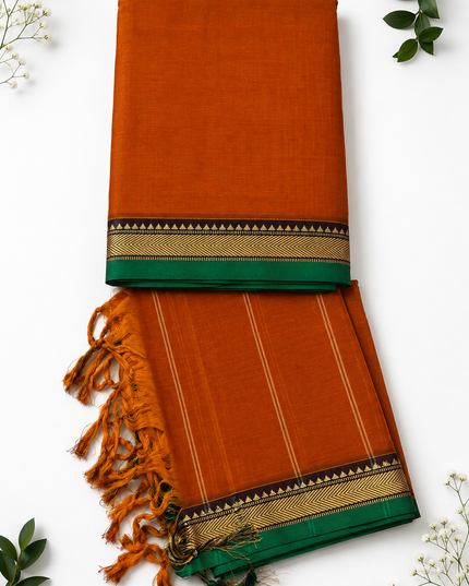 Traditional Wear Narayanpet Mercerised Cotton Dress Material with Rust Orange Colour | Woven Border
