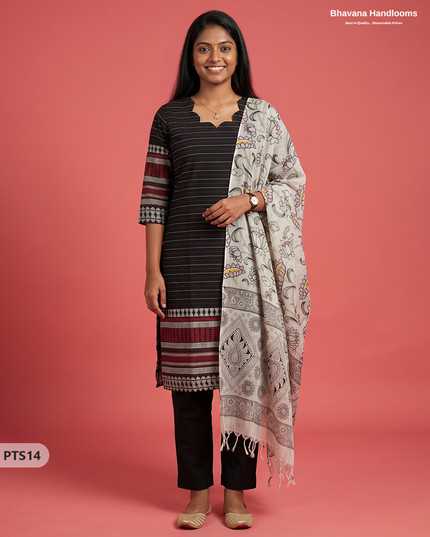 Jacquard 3PC Kurti Set in Black Colour with Designer Printed Dupatta and Elastic Bottom | Ready to Wear