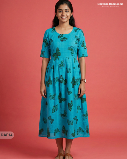 Comfortable Daily Wear Cotton Frock – Sea Blue Colour | Half Lining