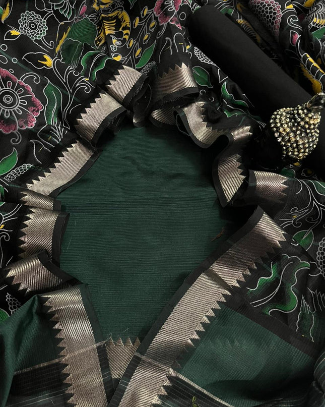 Mangalagiri Semi Pattu Dress Material with Zari Border – Dark Green Colour