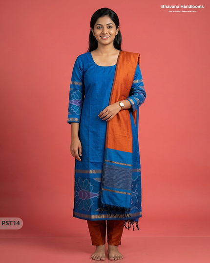 Pochampally Semi Pattu 3PC Kurti Set in Blue Colour | Ready-to-Wear Ethnic Wear
