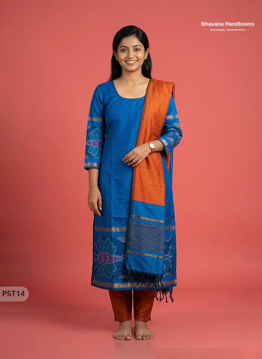 Pochampally Semi Pattu 3PC Kurti Set in Blue Colour | Ready-to-Wear Ethnic Wear