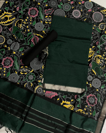 Mangalagiri Semi Pattu Dress Material with Zari Border – Dark Green Colour