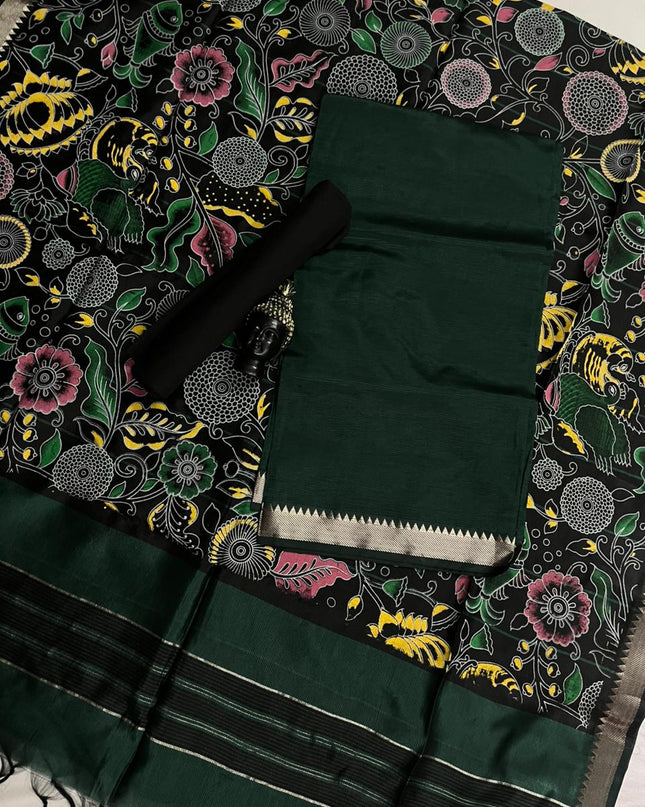 Mangalagiri Semi Pattu Dress Material with Zari Border – Dark Green Colour