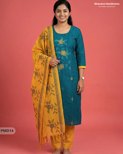 Ready-to-Wear Floral Print 3PC Kurti Set with Mirror Work | Sea Green colour