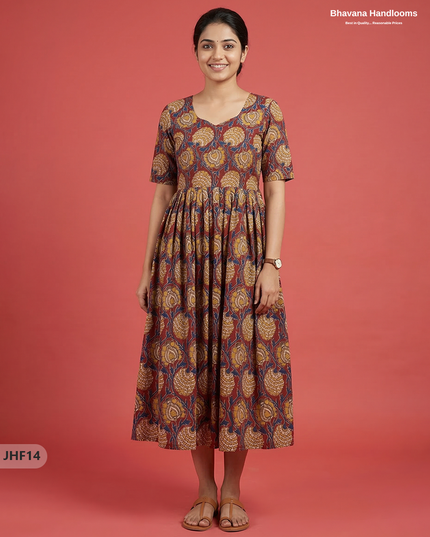 Kalamkari Design Frock – Red Colour | Handloom Ethnic Wear with Half Lining