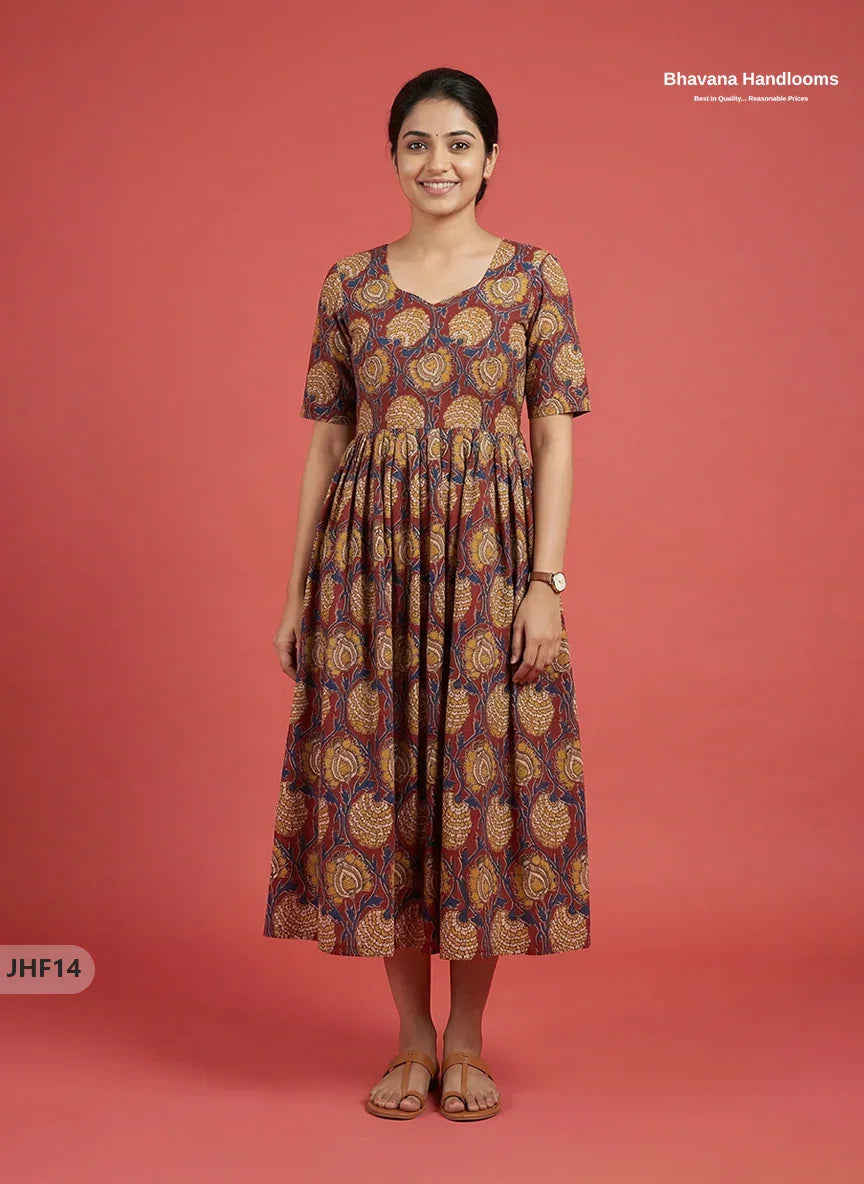 Kalamkari Design Frock – Red Colour | Handloom Ethnic Wear with Half Lining