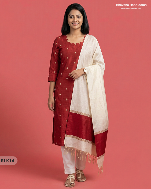 Raw Silk 2PC Set in Red Colour | Top & Bottom Only Ethnic Wear