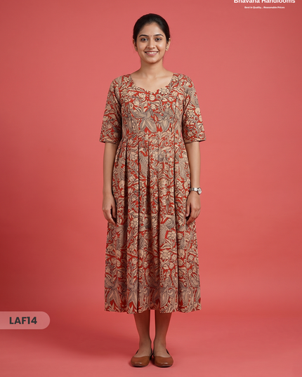 Feeding Frock with Kalamkari Design – Orange Color | Invisible Zips | Half Lining Maternity Wear