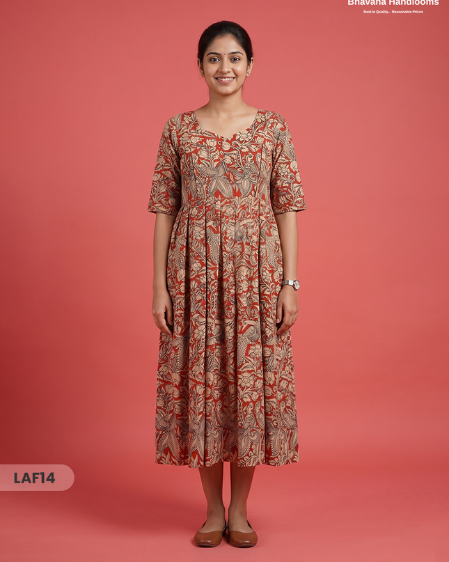 Feeding Frock with Kalamkari Design – Orange Color | Invisible Zips | Half Lining Maternity Wear