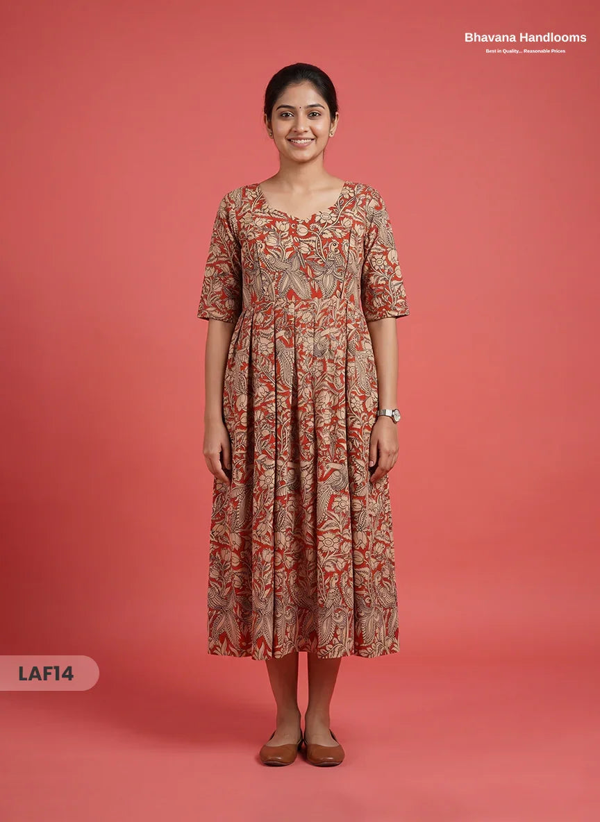Feeding Frock with Kalamkari Design – Orange Color | Invisible Zips | Half Lining Maternity Wear
