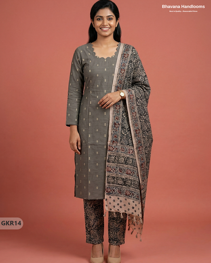 Raw Silk 3PC Kurti Set with Kalamkari Dupatta & Elastic Bottom in Gray Colour | Ethnic Wear