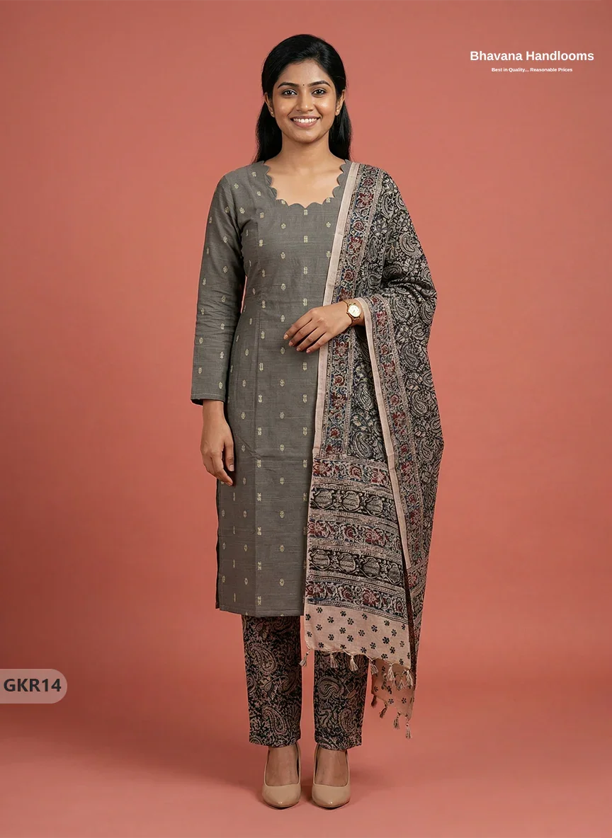 Raw Silk 3PC Kurti Set with Kalamkari Dupatta & Elastic Bottom in Gray Colour | Ethnic Wear