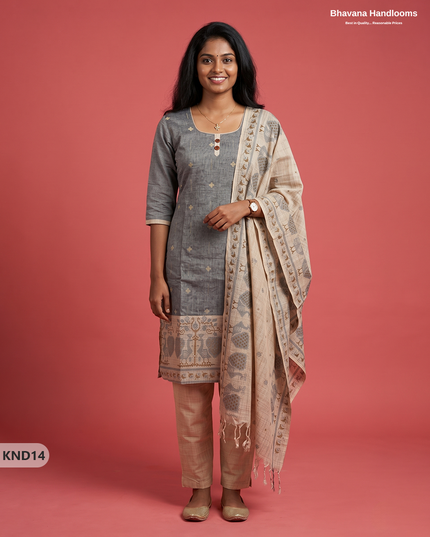 Designer Printed Cotton Floral 3PC Kurti Set in Steel Grey Colour | Full-Length Lining | Ready-to-Wear