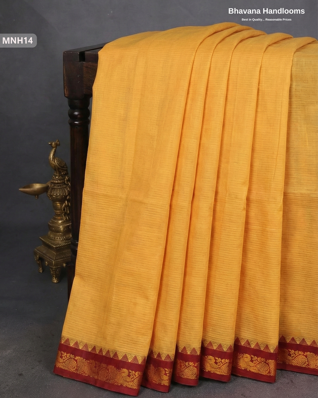 Mini Gadwal Cotton Saree in Yellowish Orange with Small Zari Border | Without Blouse