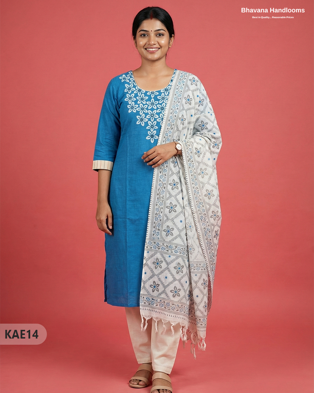 Readymade Cotton Kurti Set in Sky Blue with Mirror Finishing Design